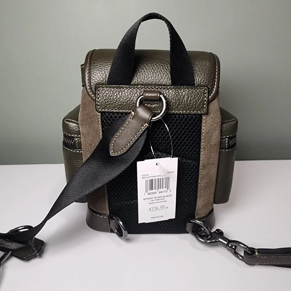 NWT Coach CCE79 Sprint Sling Pack Suede Small Messenger Bag Uniform Green